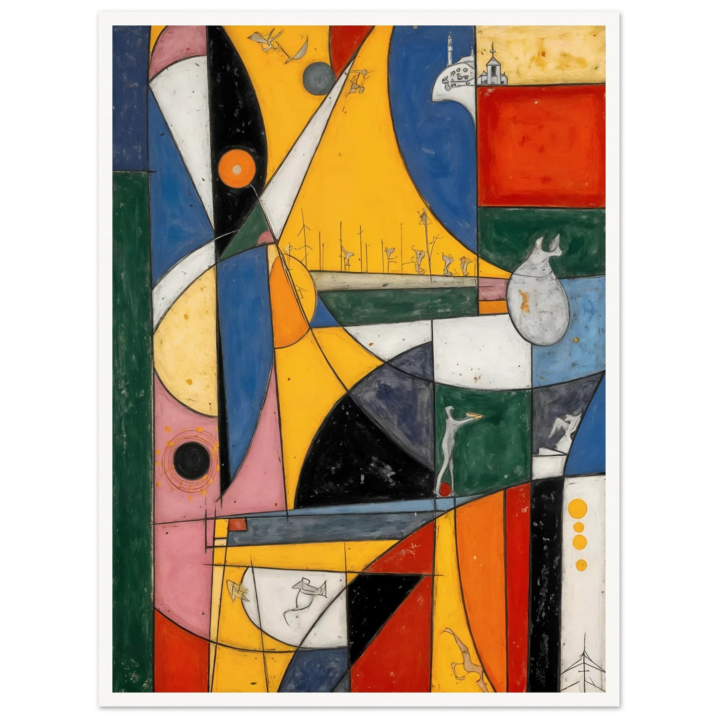 A vibrant cubist-style composition of bold yellow, blue, red, and green forms with playful symbols, layered shapes, and whimsical details.