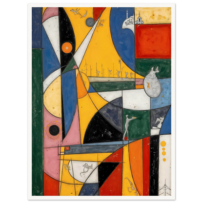 A vibrant cubist-style composition of bold yellow, blue, red, and green forms with playful symbols, layered shapes, and whimsical details.