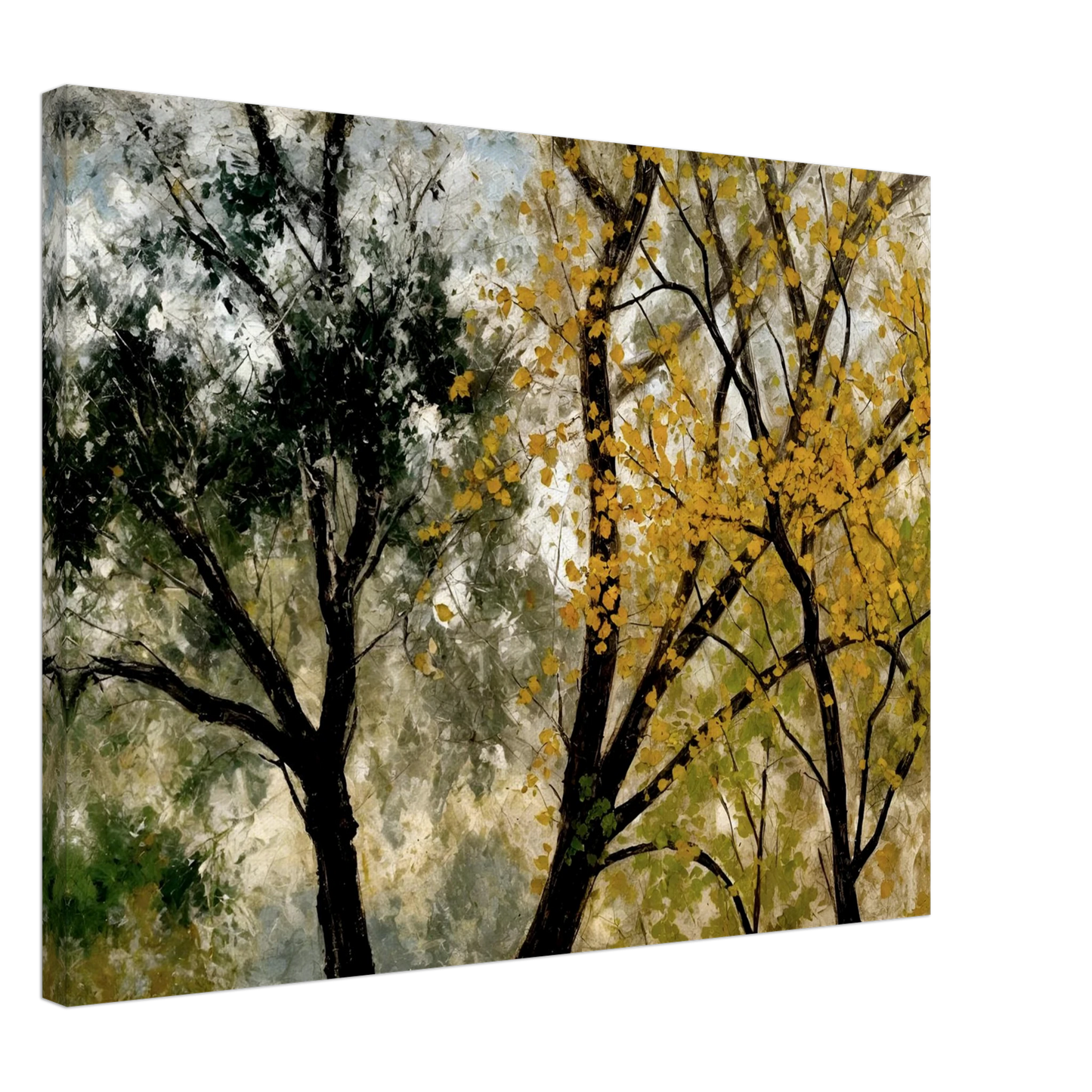 Two tall trees, one with golden yellow leaves and one with dark green foliage, stand against a softly textured sky.