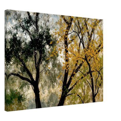 Two tall trees, one with golden yellow leaves and one with dark green foliage, stand against a softly textured sky.