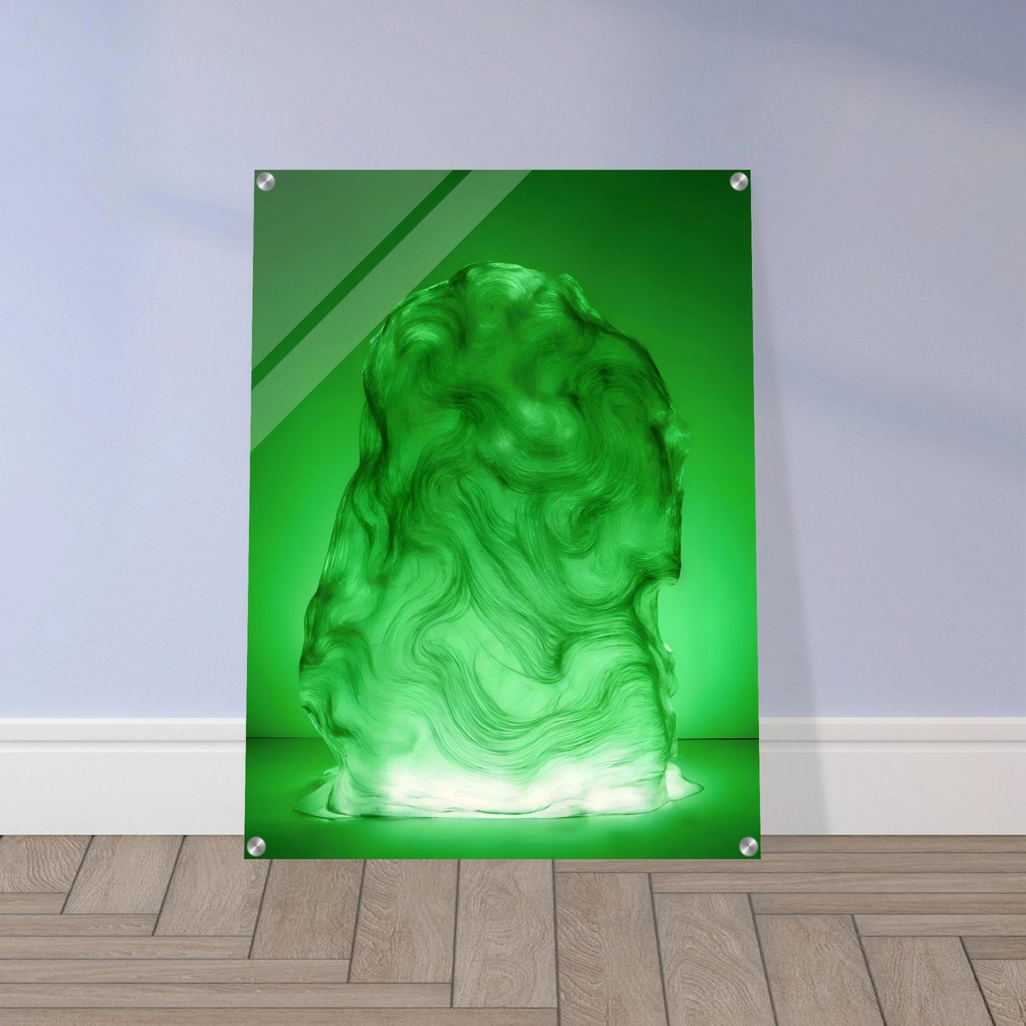 Glowing green sculptural form with fluid marbled swirls rises like illuminated jade, blending movement, mystery, and organic elegance.