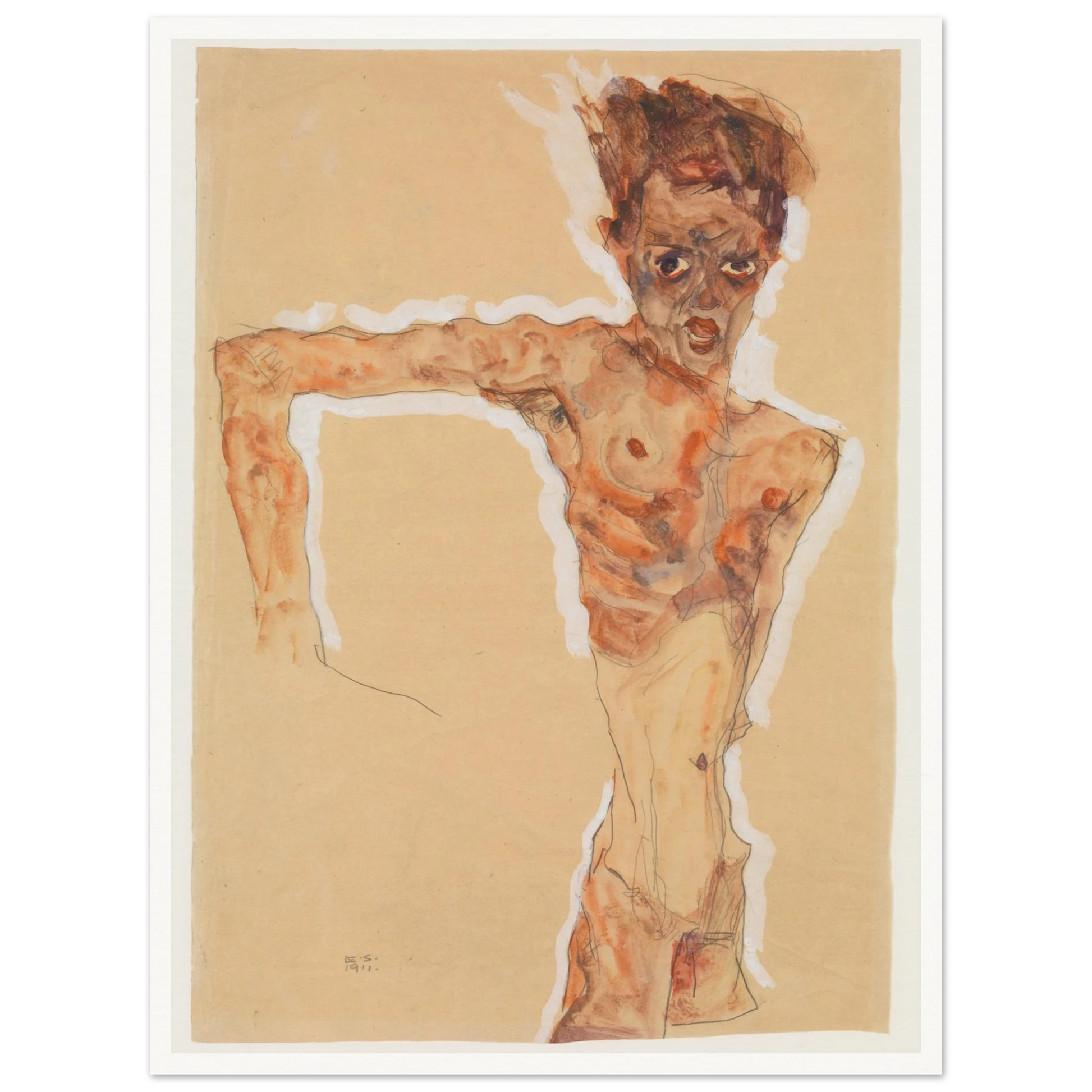 A gaunt male figure twists sharply, rendered in orange-brown washes and dark lines on tan paper.