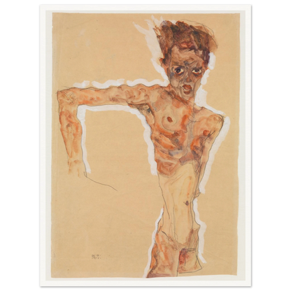 A gaunt male figure twists sharply, rendered in orange-brown washes and dark lines on tan paper.