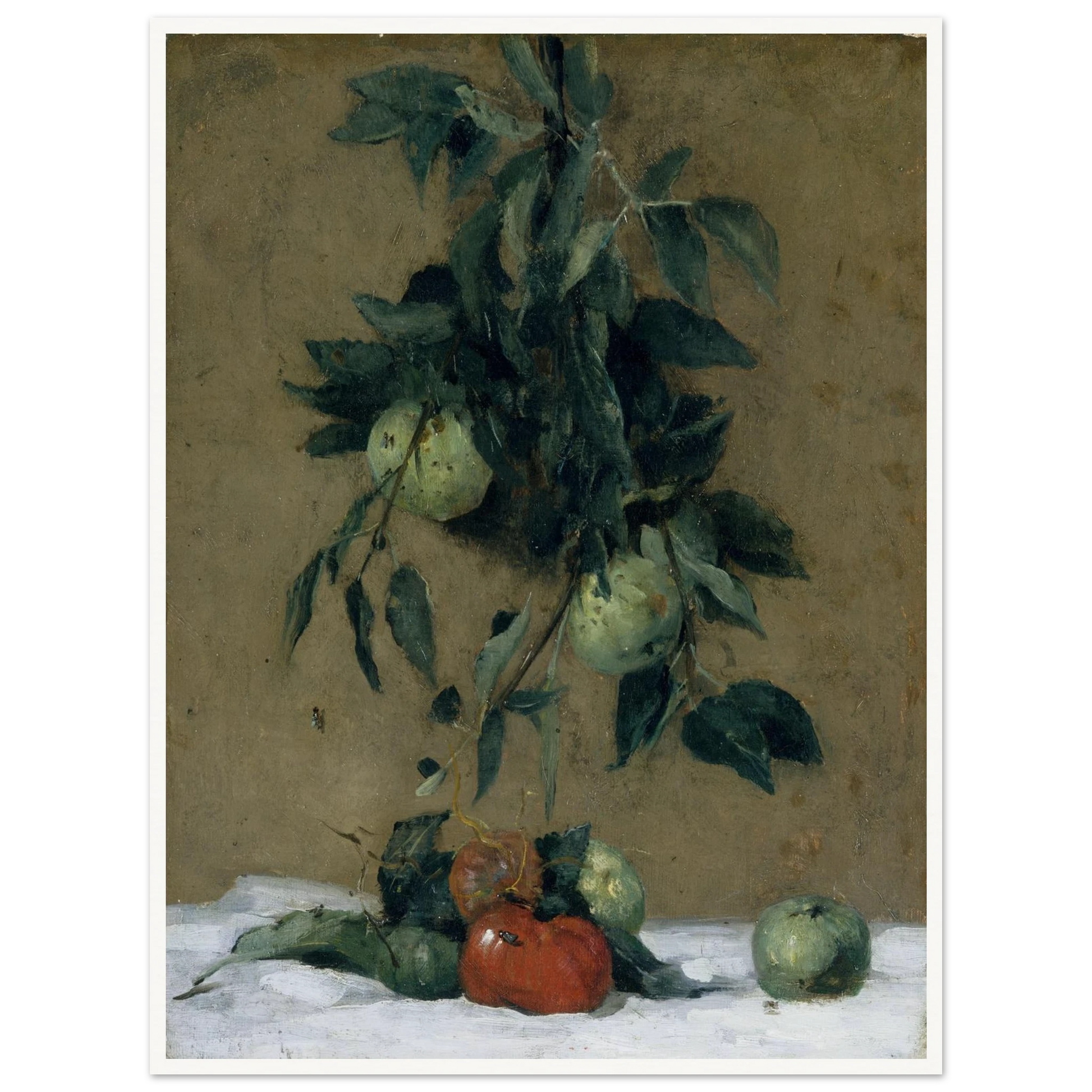 Apples and leaves hang above red fruit on a white cloth in a muted still life