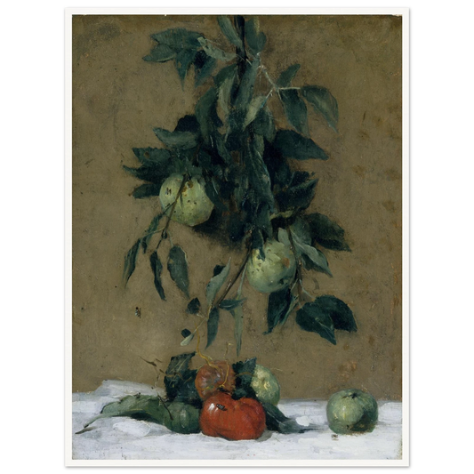 Apples and leaves hang above red fruit on a white cloth in a muted still life