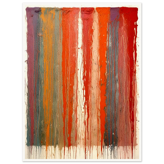 Vertical ribbons of vibrant paint drip down the canvas in layered red, orange, blue, and purple tones against a pale backdrop.