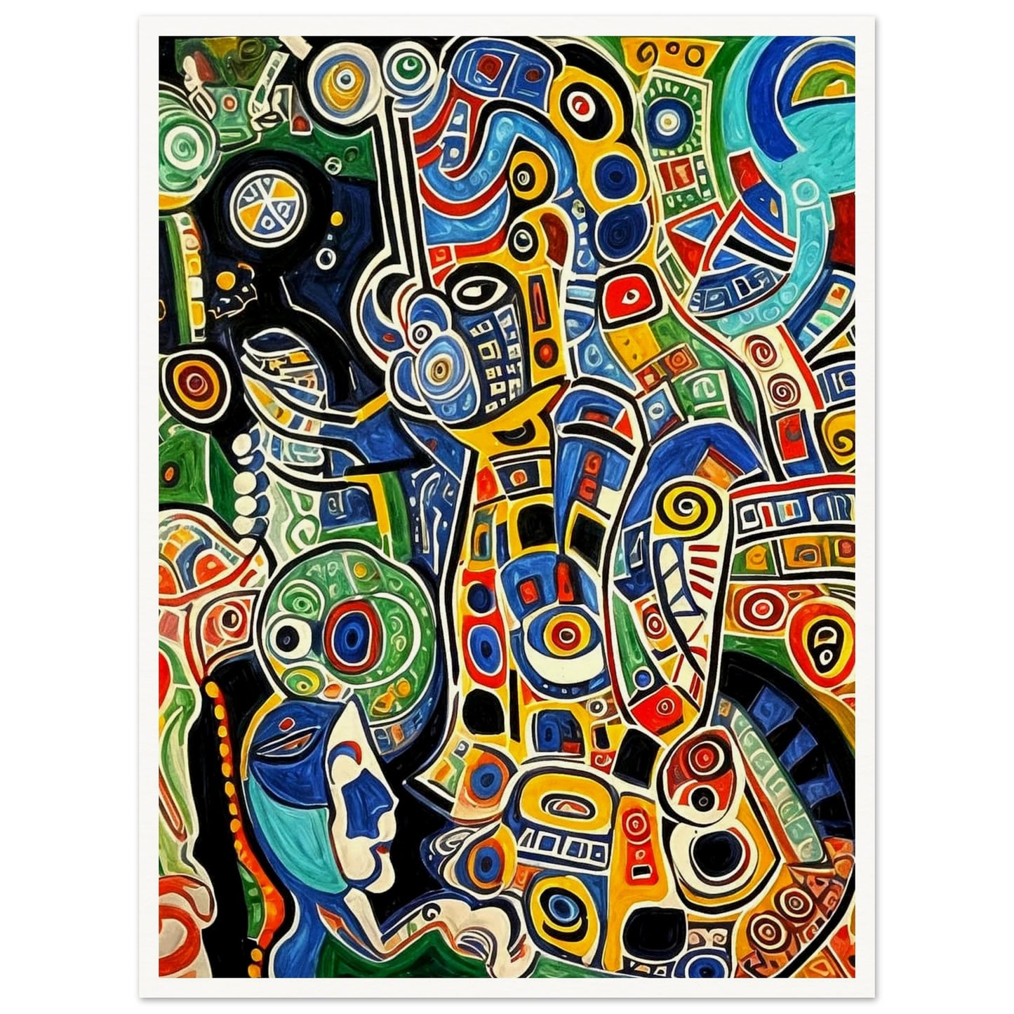 Bold and intricate abstract patterns in vibrant colors like blue, red, yellow, and green, forming a dynamic and energetic composition of swirling shapes.