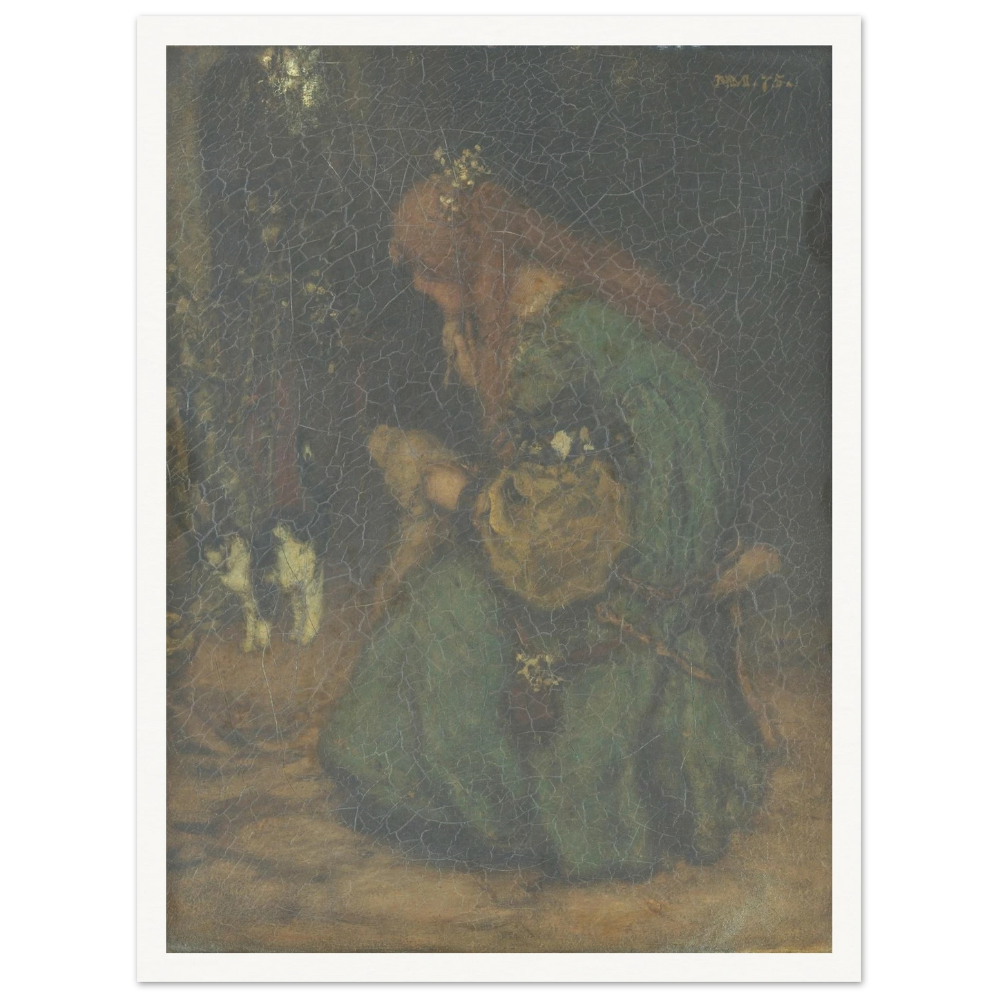 A young woman in a green dress bends over flowers beside a window, with a black-and-white cat nearby.