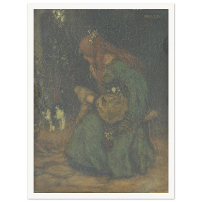 A young woman in a green dress bends over flowers beside a window, with a black-and-white cat nearby.