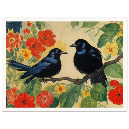 "A vibrant painting of two black birds perched on a branch surrounded by lush red and yellow flowers and green foliage, set against a soft background."