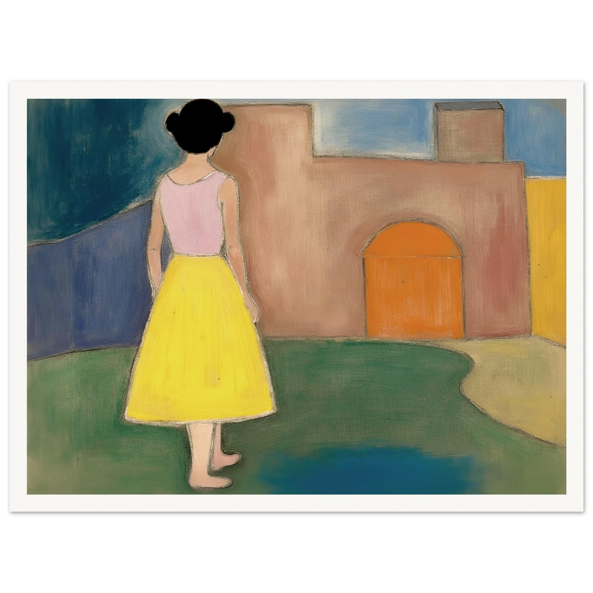 A girl in a yellow skirt faces a soft courtyard with an orange arched door and muted walls.