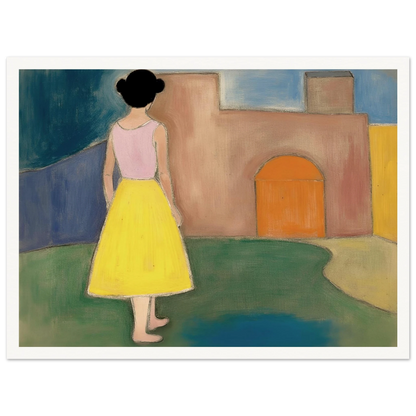 A girl in a yellow skirt faces a soft courtyard with an orange arched door and muted walls.