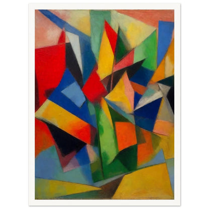 A vibrant abstract painting with sharp, colorful geometric shapes creating a dynamic and energetic composition.