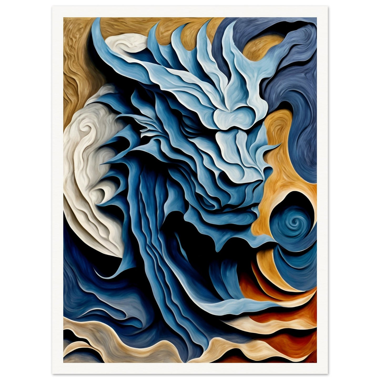 A swirling, dragon-like form emerges in shades of blue, white, and gold, evoking movement, energy, and mythical power.