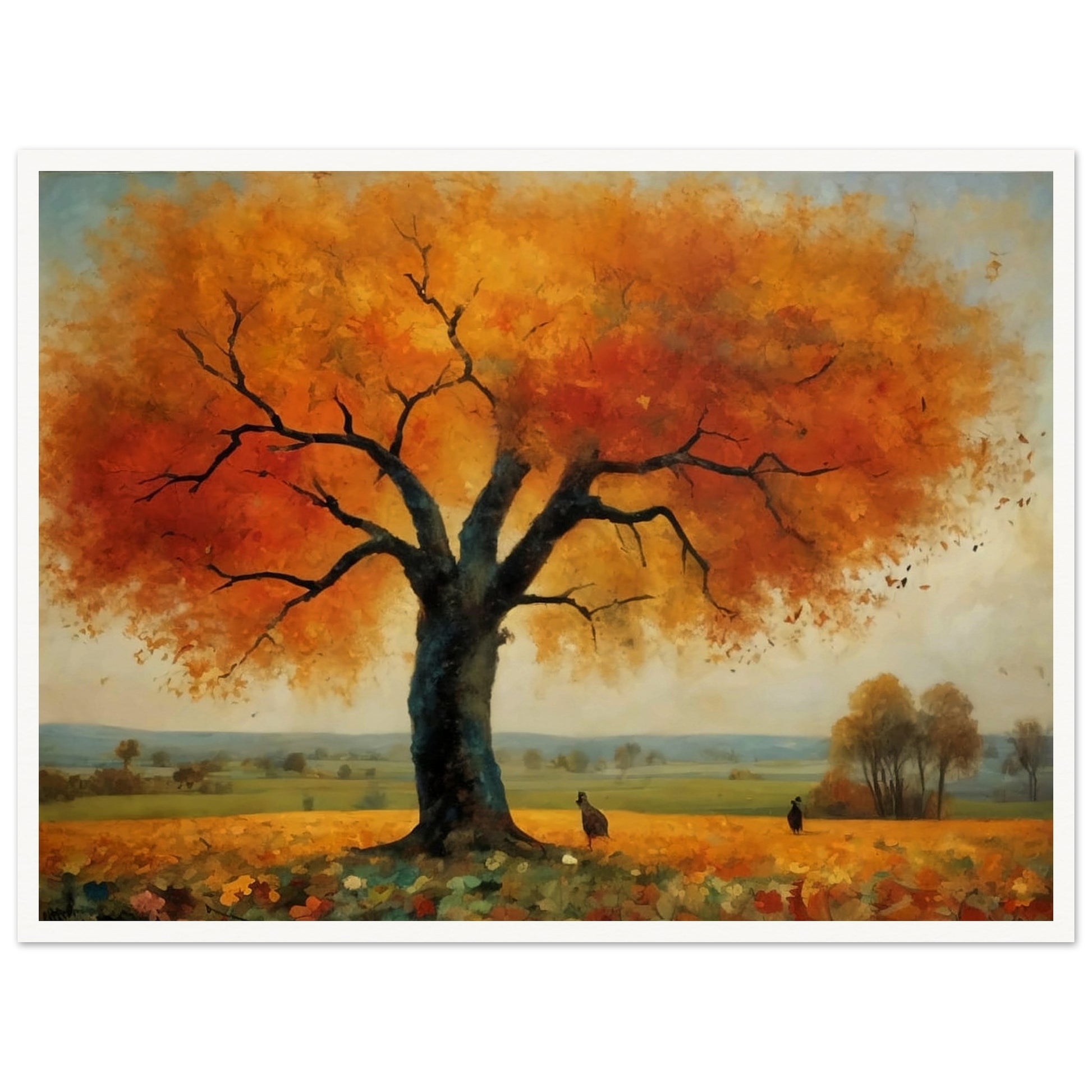 "A breathtaking landscape featuring a large tree with vibrant orange and yellow autumn leaves, set against a tranquil countryside."