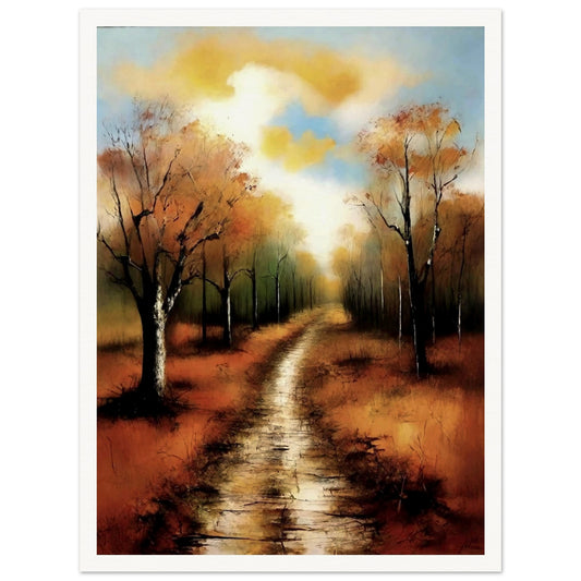 A peaceful painting of a dirt path through an autumn forest with vibrant orange, yellow, and brown trees under a glowing sky.