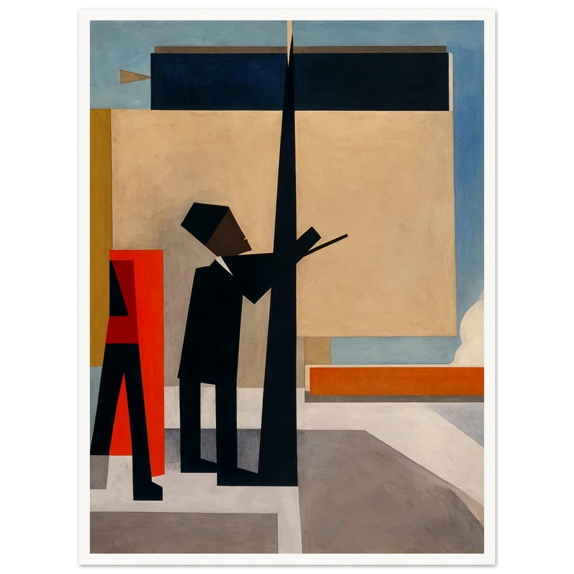 A geometric depiction of two figures interacting within an abstract cityscape, characterized by bold shapes and contrasting colors.