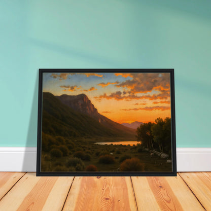 A warm landscape with a winding orange path lined by golden trees under a turquoise sky, leading toward a distant sea.