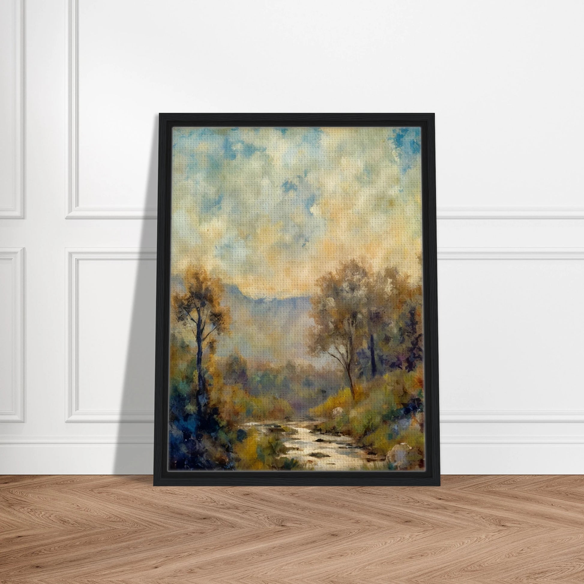 A misty river winds through a sun-dappled forest with soft blue mountains and cloudy skies in the distance.
