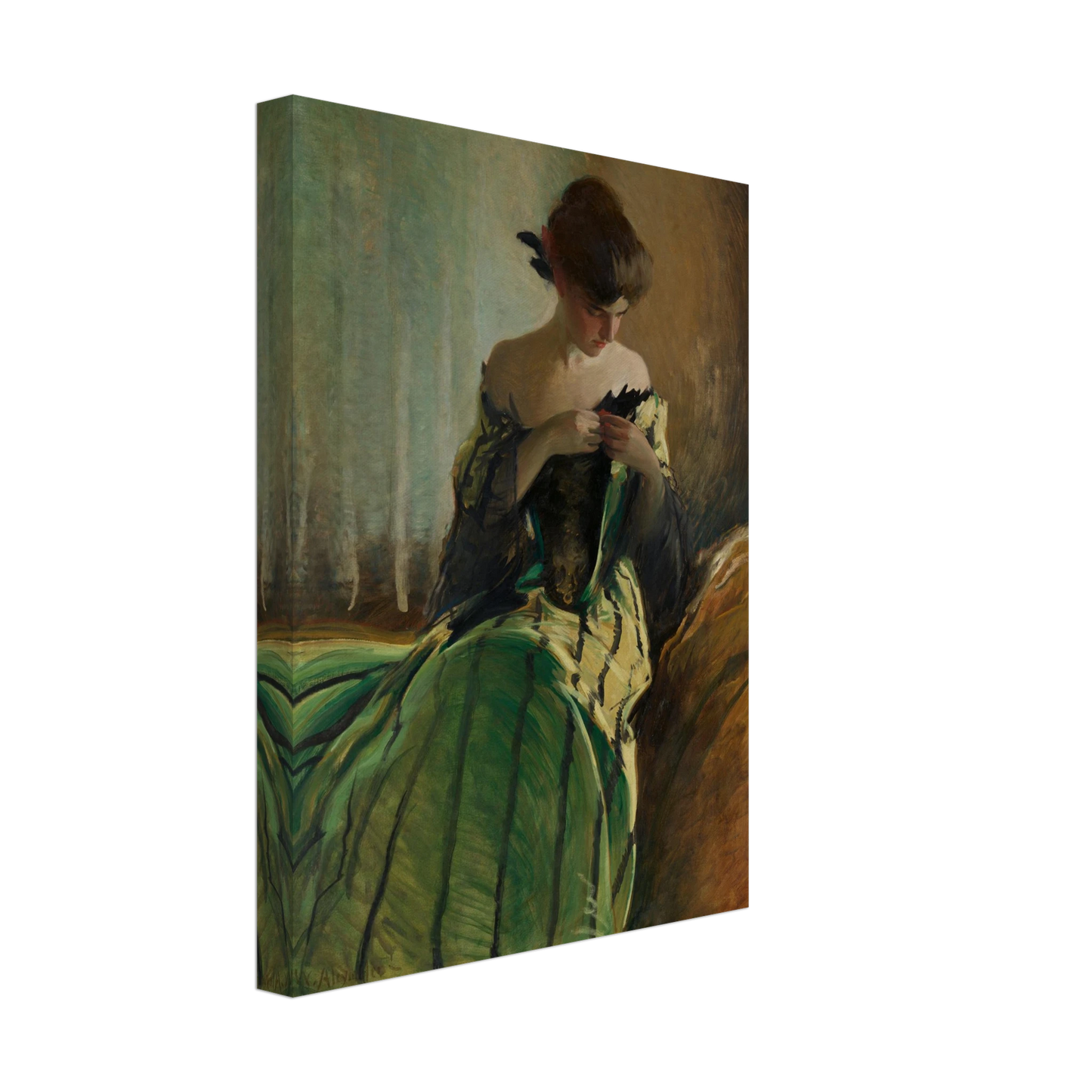 Woman in green and black evening gown pins a detail at her neckline against a muted background