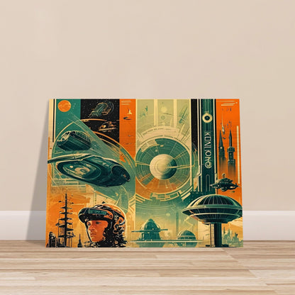 A vibrant, futuristic scene featuring a space traveler amidst advanced spacecraft, towering space structures, and a distant planet's atmosphere in bold shades of orange, teal, and blue.