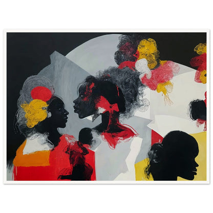 An expressive painting featuring silhouetted profiles of women with colorful abstract accents against a dark background.