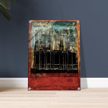 A textured cityscape with towering structures, deep red and blue hues, and an abstract urban skyline, framed in a rustic border.