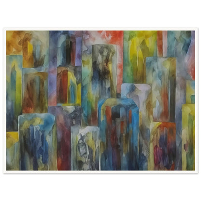 A vibrant abstract painting of a cityscape with multicolored buildings. The artwork features tall, rectangular shapes in a variety of hues, blending seamlessly to create a dynamic urban scene.