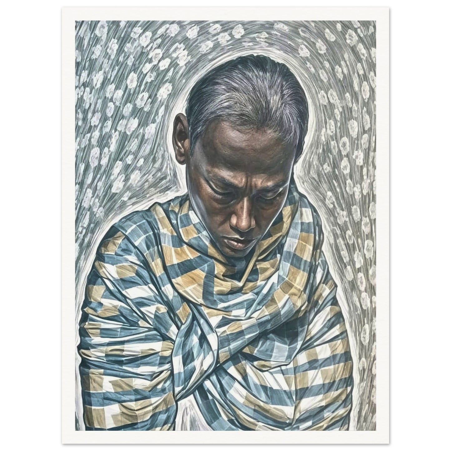 A detailed and contemplative portrait of a man wrapped in a patterned garment, head bowed, surrounded by swirling textures and floral patterns, conveying deep introspection and serenity.