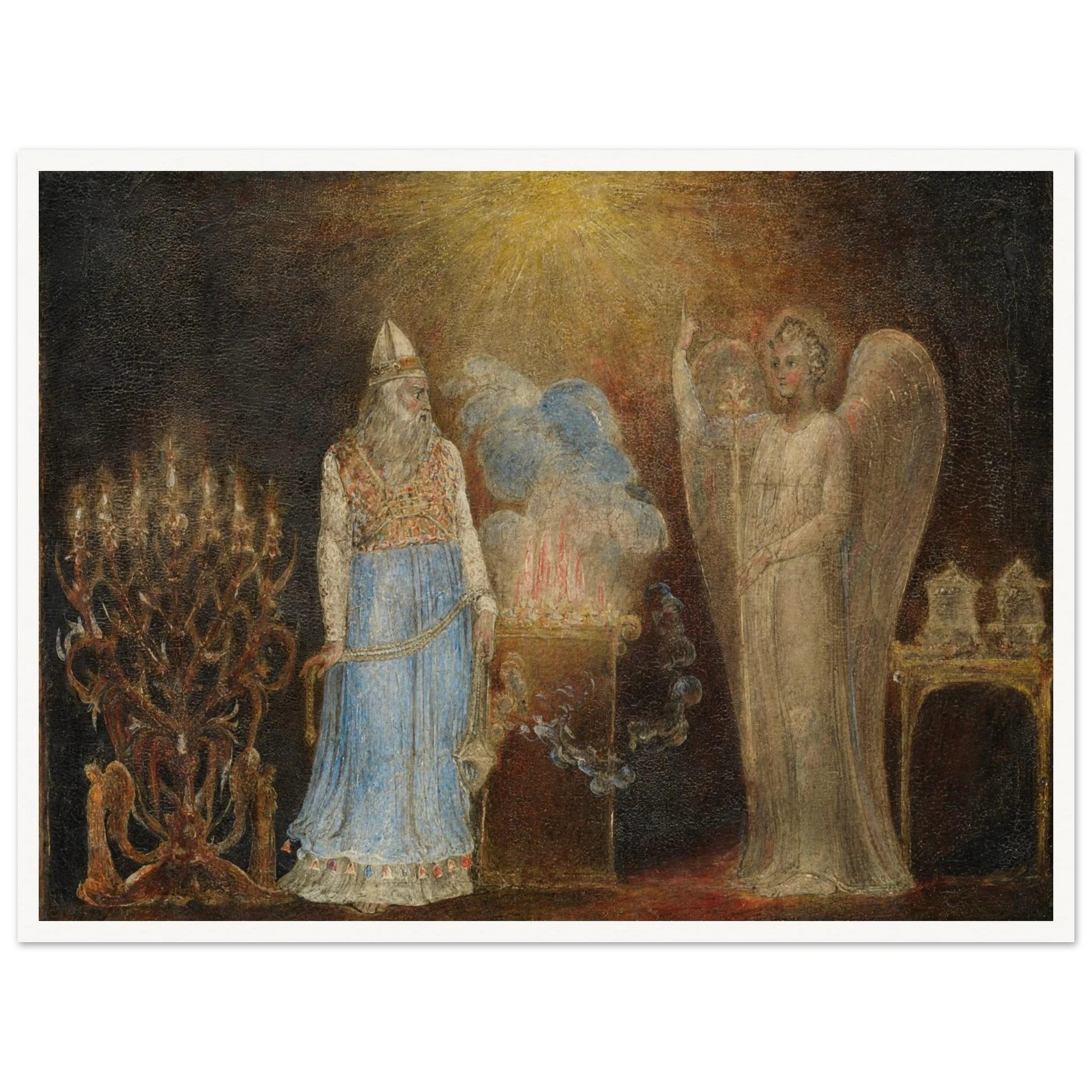 Angel appears before Zacharias in a glowing biblical temple scene by William Blake