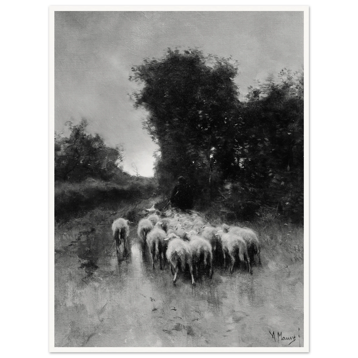 A shepherd leads a flock of sheep along a wooded path beneath tall trees and a cloudy sky.