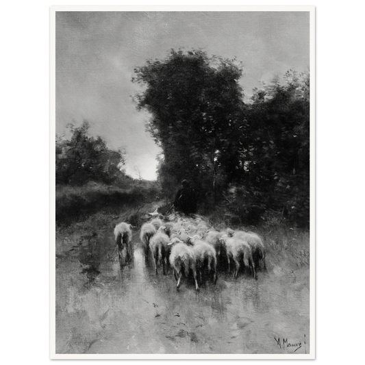 A shepherd leads a flock of sheep along a wooded path beneath tall trees and a cloudy sky.