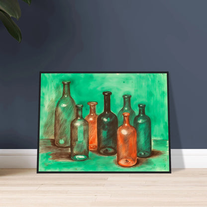 A collection of teal, amber, and smoky glass bottles stands together against a luminous green backdrop, blending stillness with vintage charm.