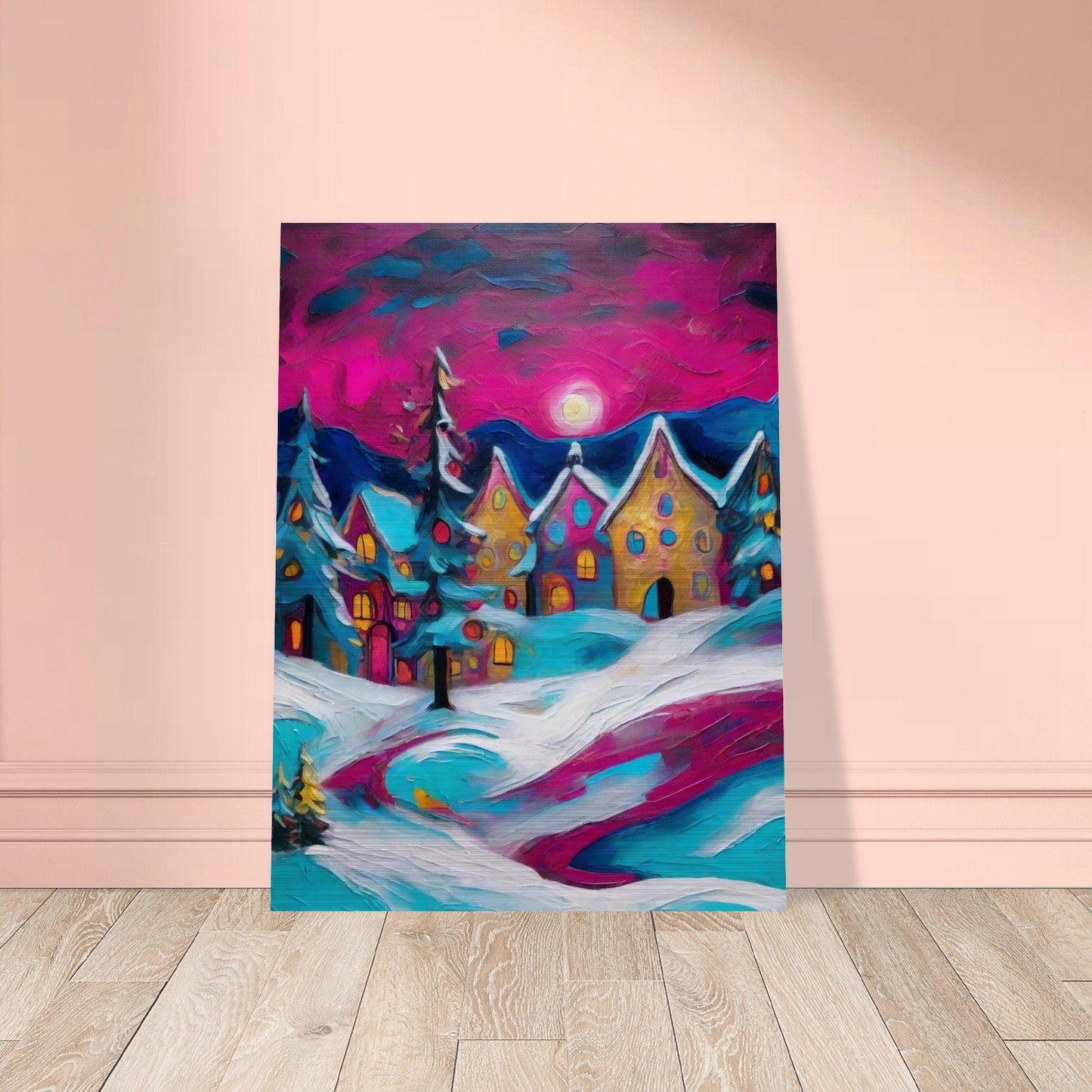 A colorful winter village scene with glowing houses, snow-covered trees, and a vibrant magenta sky illuminated by the moon.