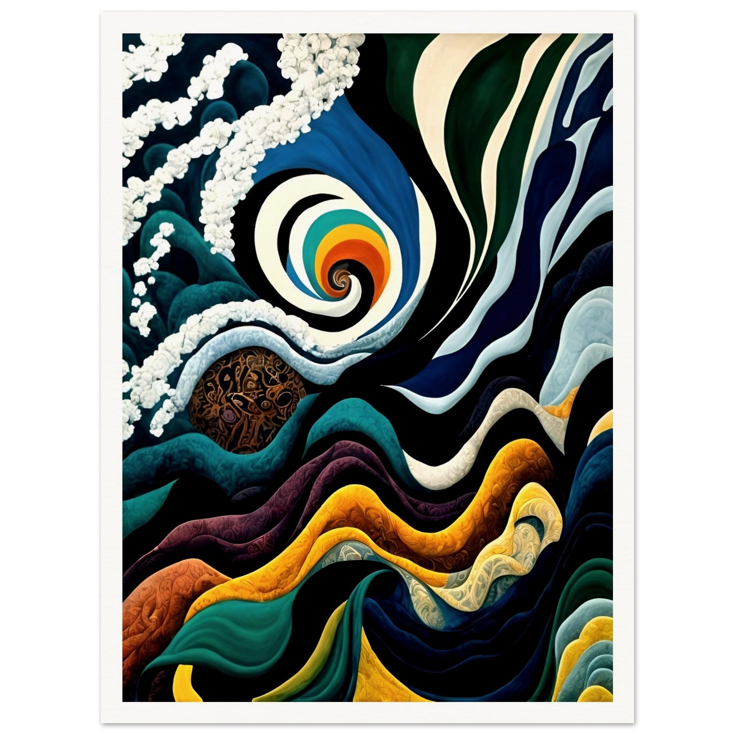 A mesmerizing painting of swirling waves, a spiraling rainbow vortex, and cosmic elements, blending deep blues, golds, and intricate patterns.