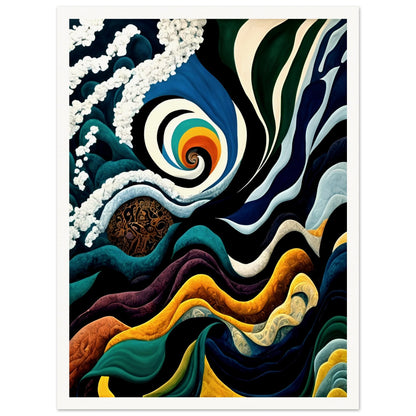 A mesmerizing painting of swirling waves, a spiraling rainbow vortex, and cosmic elements, blending deep blues, golds, and intricate patterns.