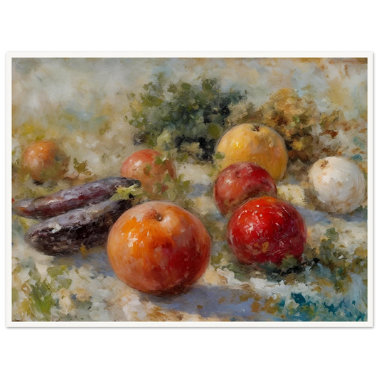 A realistic still life of assorted fruits, including apples, oranges, and eggplants, arranged with leafy greens in soft natural light.