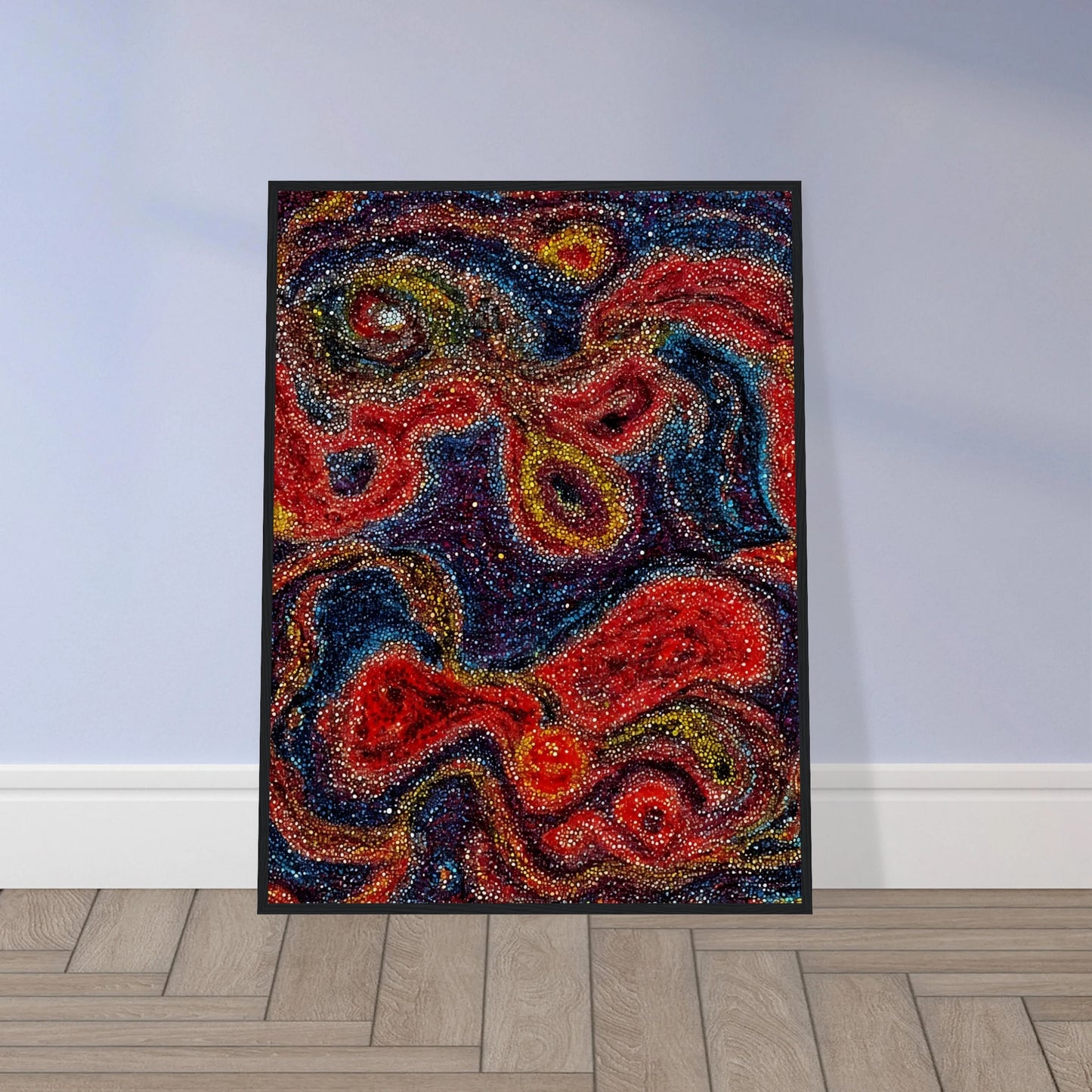 Swirling red, blue, and gold forms shimmer through dotted textures, evoking a radiant cosmic dance of color and energy.