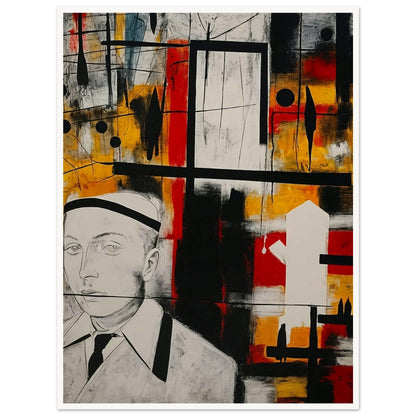 Abstract artwork featuring a man in a suit and hat against a vibrant background with geometric shapes and bold colors.