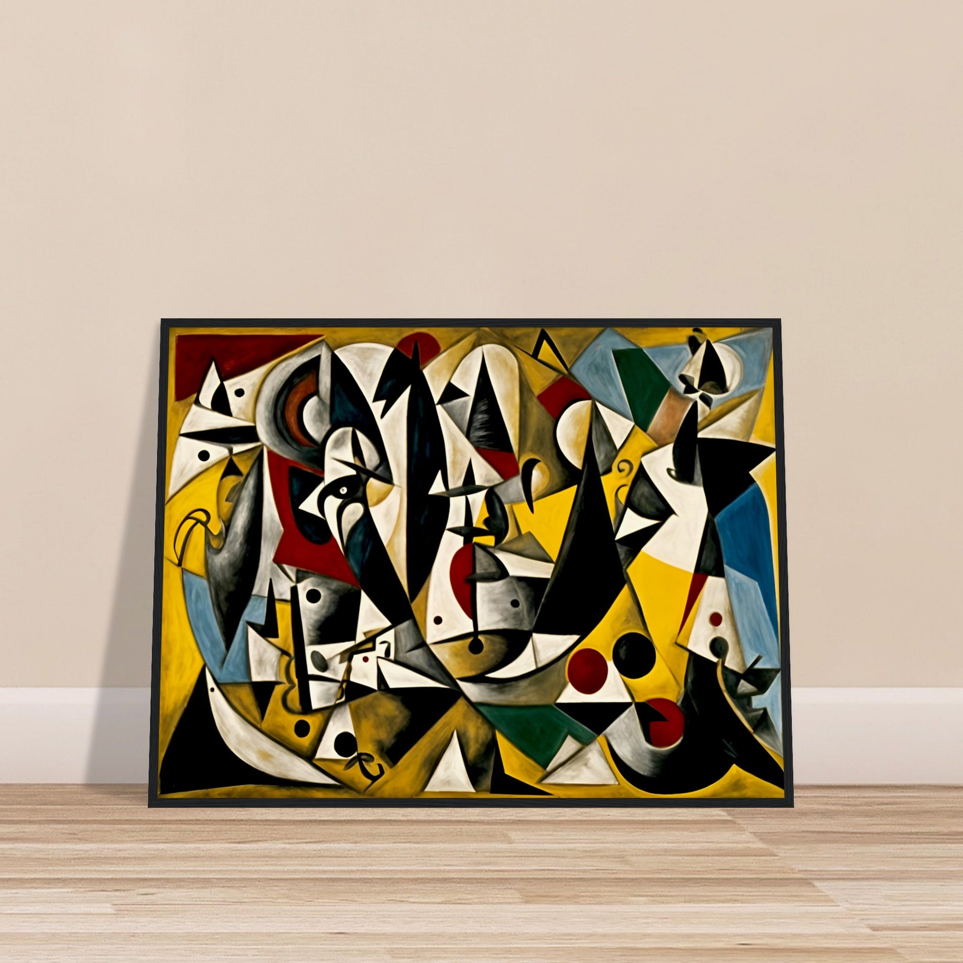 A vibrant geometric composition featuring sharp angles, abstract figures, and bold black, yellow, and red accents in a dynamic scene.