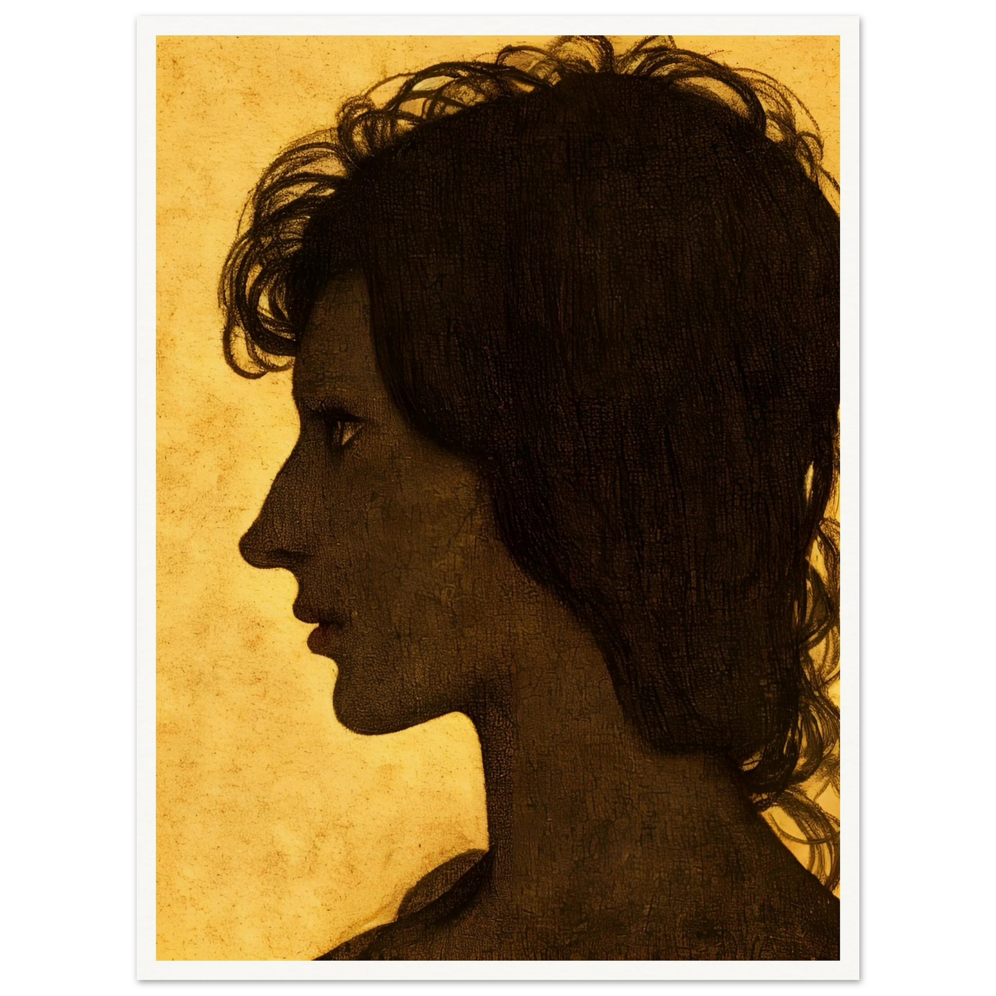 A textured profile silhouette of a woman set against a warm ochre background, capturing introspection and quiet strength.