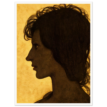 A textured profile silhouette of a woman set against a warm ochre background, capturing introspection and quiet strength.