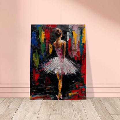 An expressive painting of a ballerina in a white tutu, standing against a vibrant, abstract background.