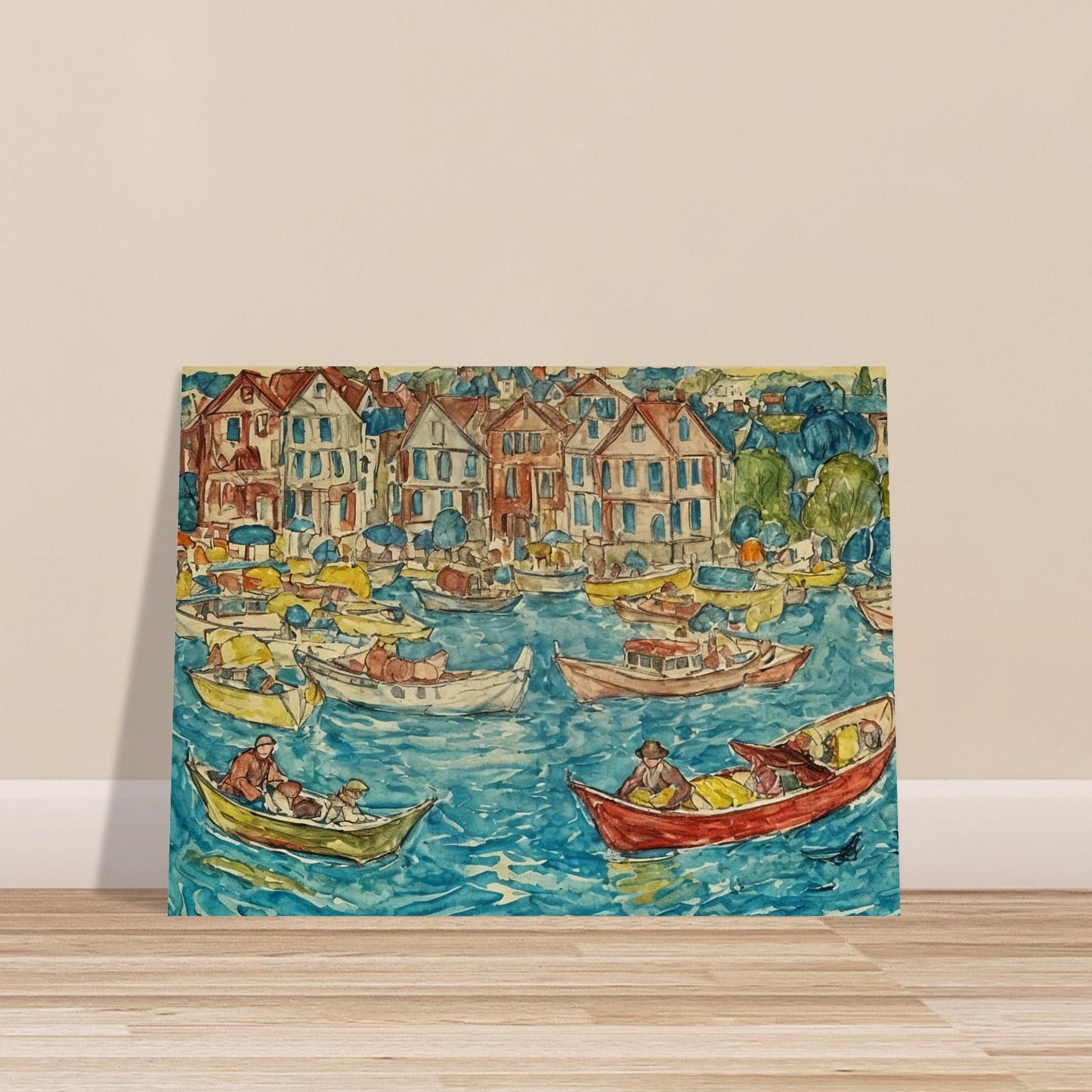 Colorful depiction of a lively harbor with boats and people on a sunny day, with charming houses lining the waterfront.