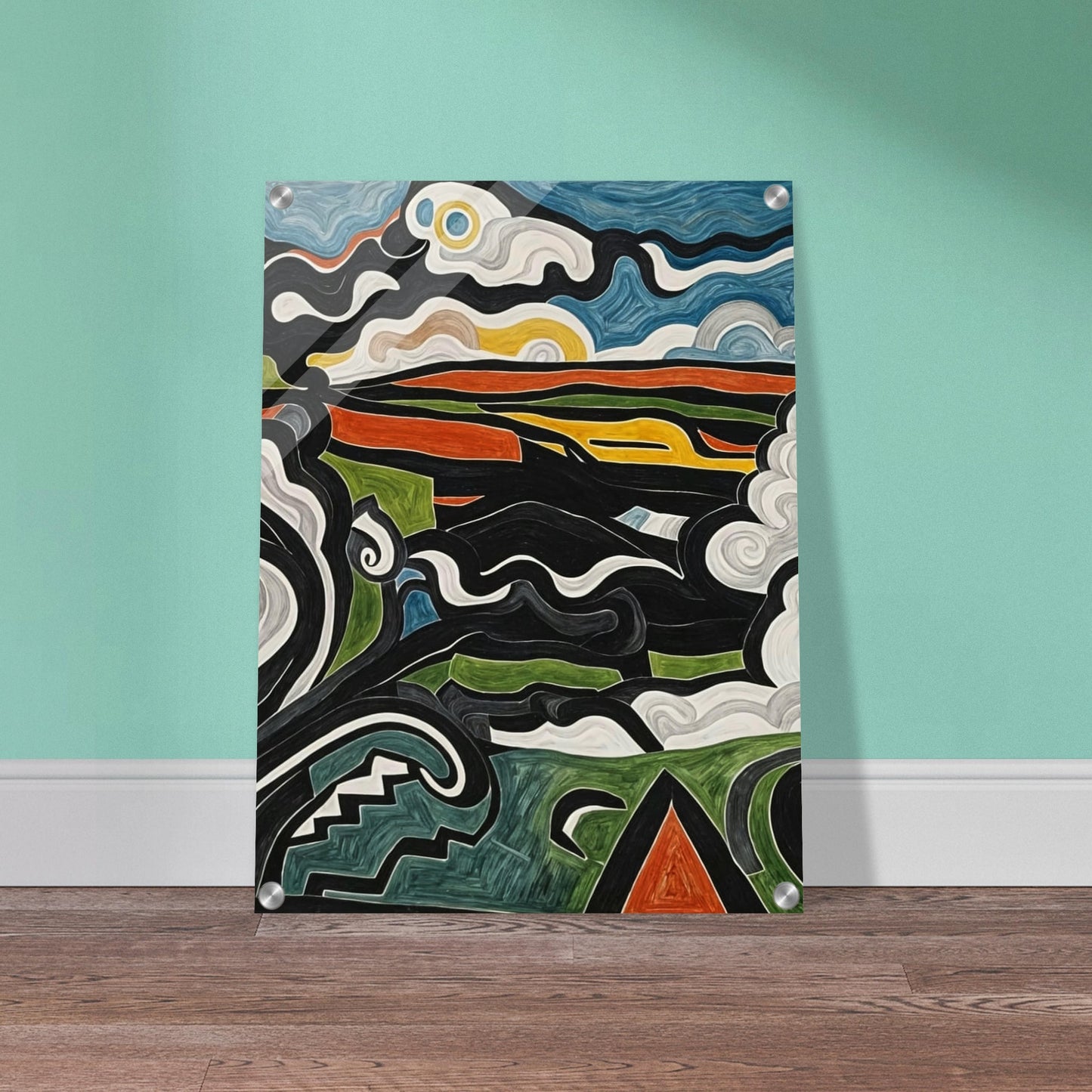 An abstract painting featuring swirling shapes and vibrant colors depicting a dynamic and imaginative landscape.