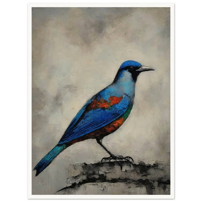 A vibrant painting of a blue bird with orange and green accents perched on a textured surface, set against a neutral background.