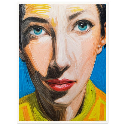 A striking portrait of a woman with blue eyes and red lips, painted in bold strokes with vibrant yellow, orange, and blue hues.