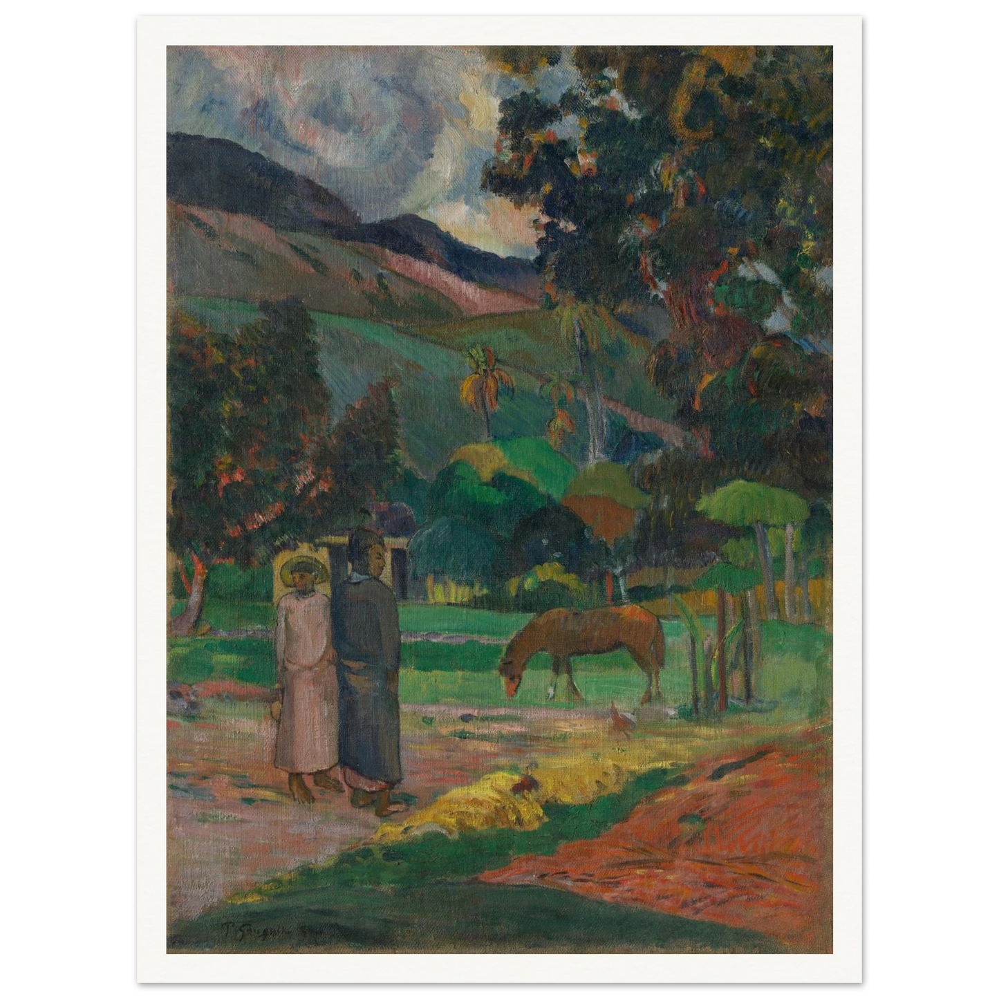 Tahitian landscape with two figures, a horse, palm trees, and mountains