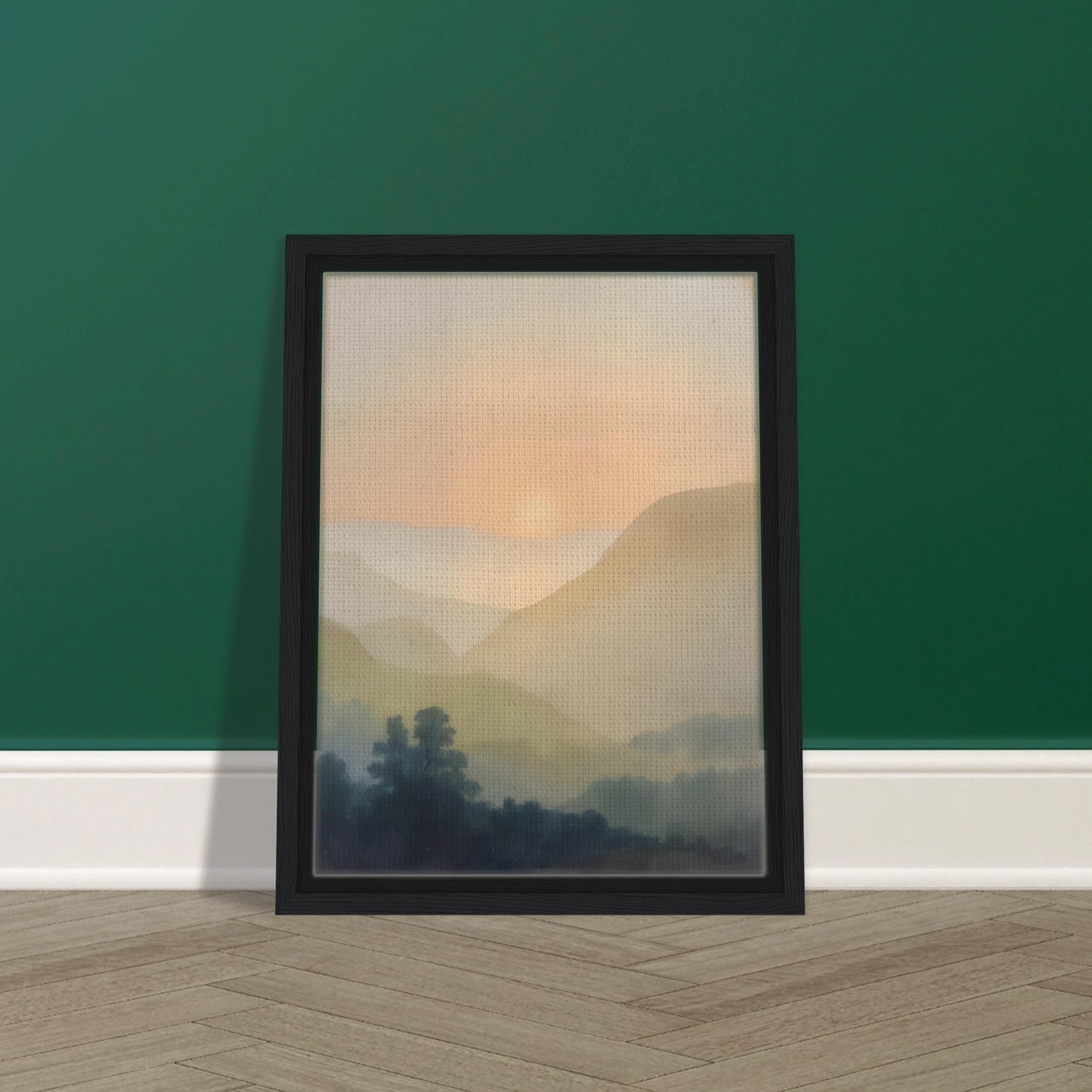 Soft sunrise glows over misty layered hills and dark trees in a quiet pastel landscape.