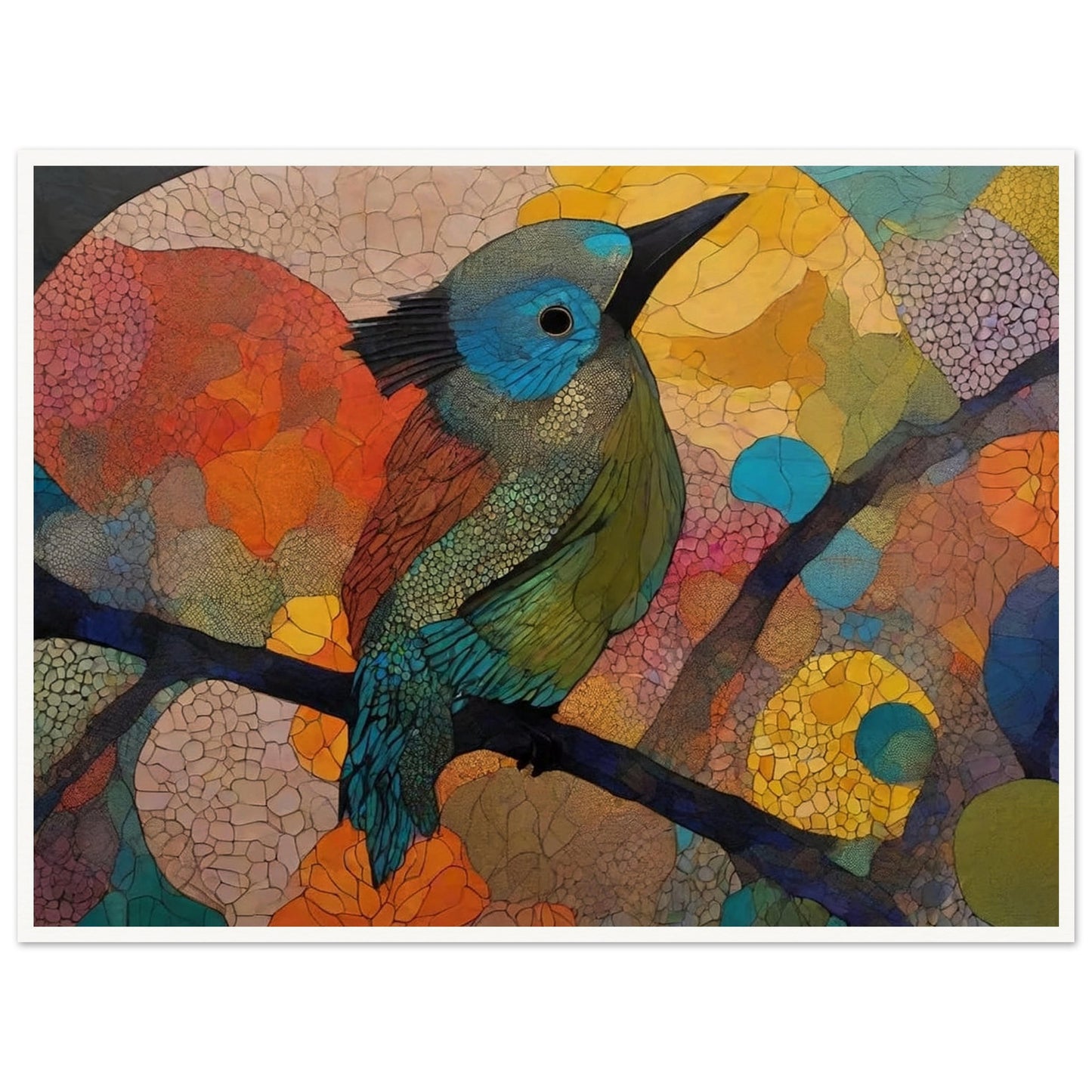 "A stunning painting of a bird perched on a branch, filled with vibrant hues of blue, green, and orange, surrounded by abstract, colorful patterns in the background."